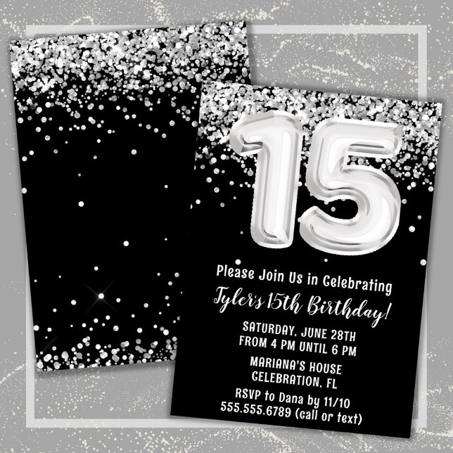 Invitación Black White Silver fiesta de cumpleaños número 15 (Black and White 15th Birthday Party Invitation)