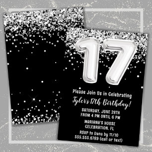 Invitación Black White Silver fiesta de cumpleaños número 17