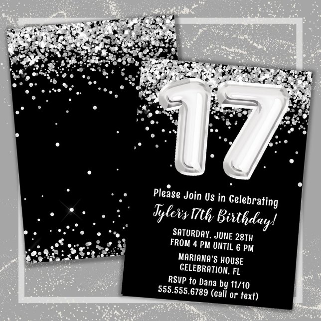 Invitación Black White Silver fiesta de cumpleaños número 17 (Black and White 17th Birthday Party Invitation)