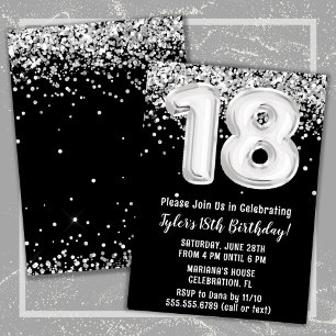 Invitación Black White Silver fiesta de cumpleaños número 18