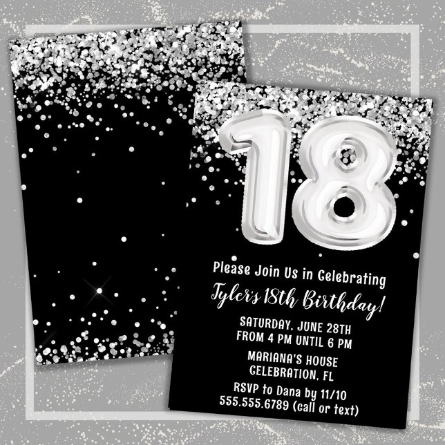 Invitación Black White Silver fiesta de cumpleaños número 18 (Black and White 18th Birthday Party Invitation)