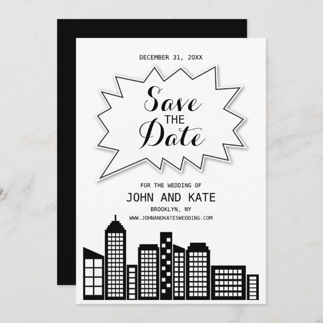 Invitación Black & White Skyline Save The Date en español (Anverso / Reverso)