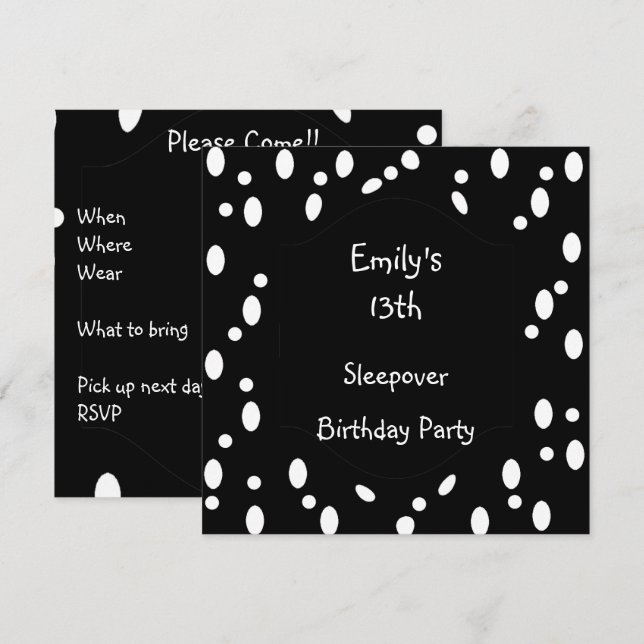 Invitación Black White Spots 13th Birthday Sleepover (Anverso / Reverso)