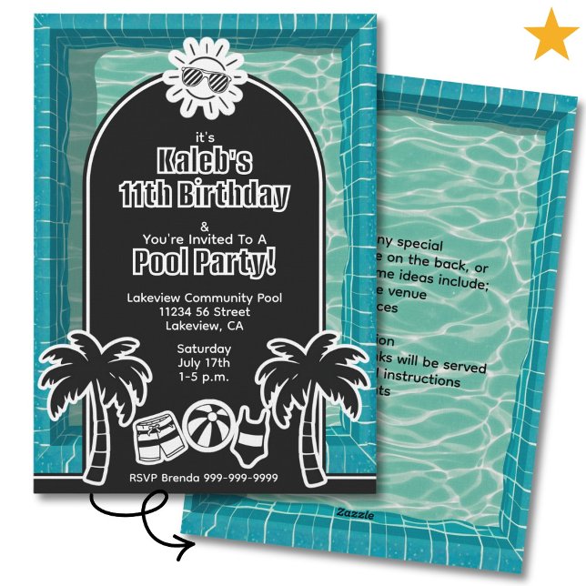 Invitación Black White Sticker Pool Party Birthday Invitation (Subido por el creador)