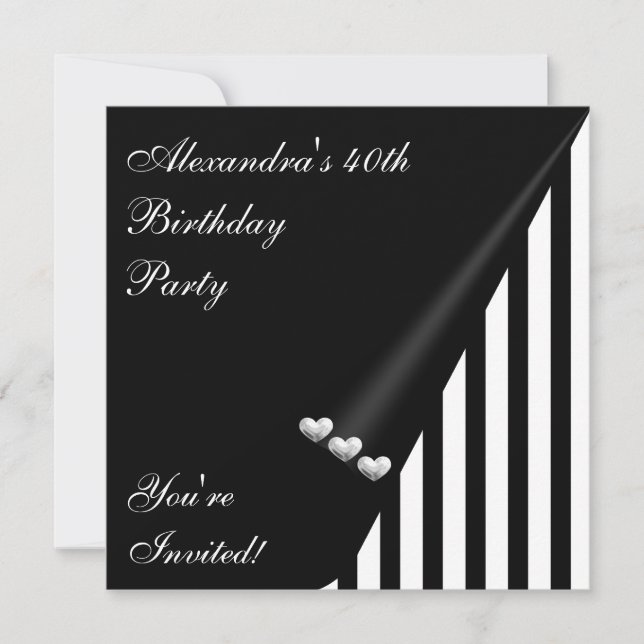 Invitación Black White Stripe 40th Birthday Event Silver Love (Anverso)