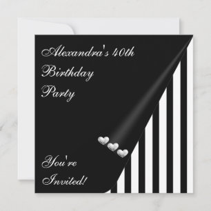 Invitación Black White Stripe 40th Birthday Event Silver Love