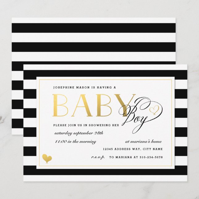 Invitación Black & White Stripe Faux Gold Boy Baby Shower (Anverso / Reverso)