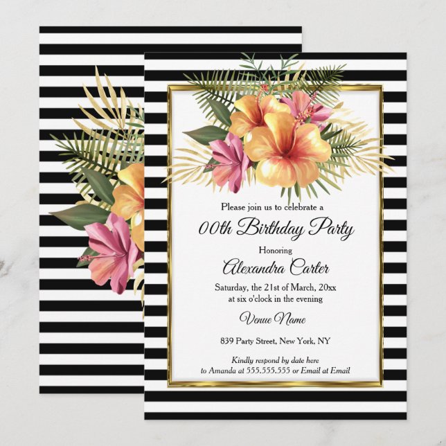 Invitación Black White Stripe Gold Hibiscus Floral Birday (Anverso / Reverso)