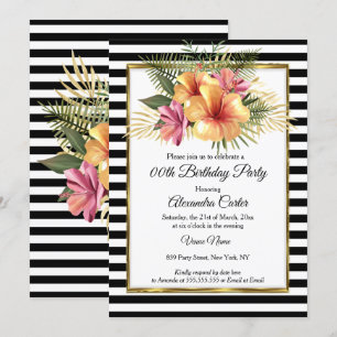 Invitación Black White Stripe Gold Hibiscus Floral Birday