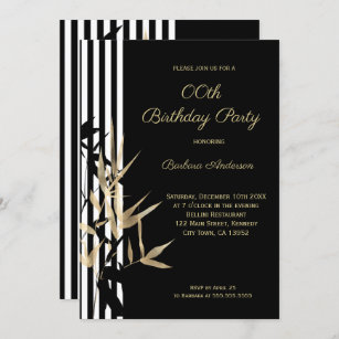 Invitación Black White Stripe Gold Hoja de Bambú Cumpleaños