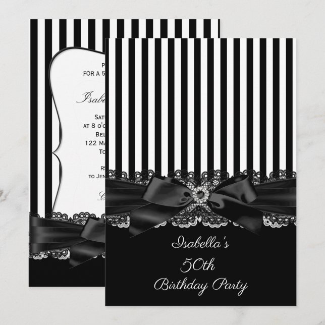 Invitación Black White Stripe Lace arco 50 cumpleaños (Anverso / Reverso)