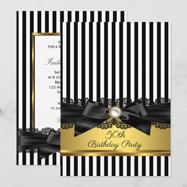 Invitación Black White Stripe Lace arco Oro 50 cumpleaños (Anverso / Reverso)