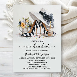 Invitación Black White Striped High Heel Shoes 100th Birthday