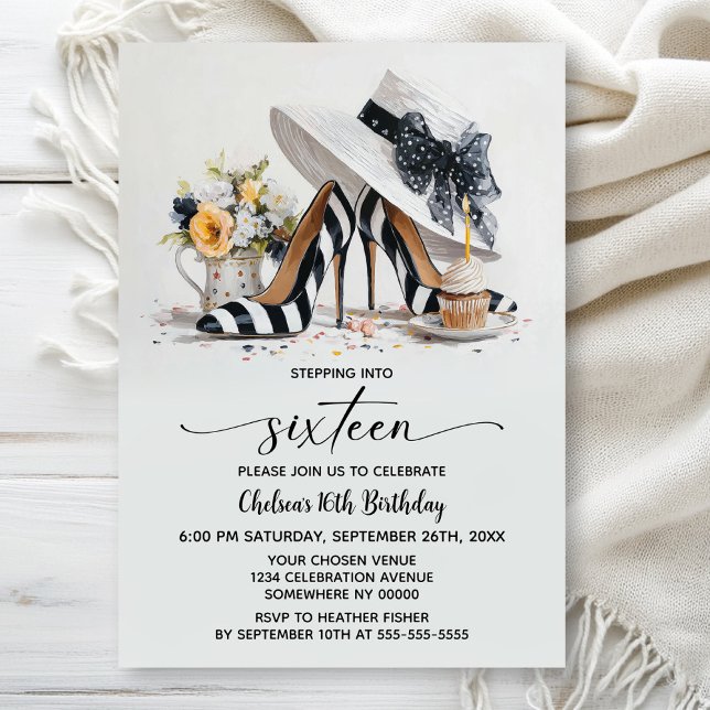 Invitación Black White Striped High Heel Shoes 16th Birthday (Subido por el creador)