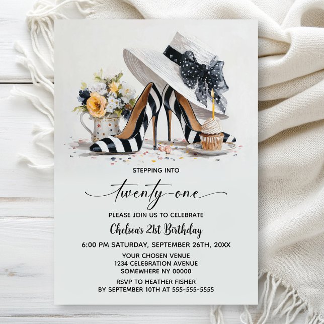 Invitación Black White Striped High Heel Shoes 21st Birthday (Subido por el creador)