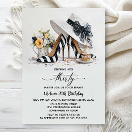 Invitación Black White Striped High Heel Shoes 30th Birthday