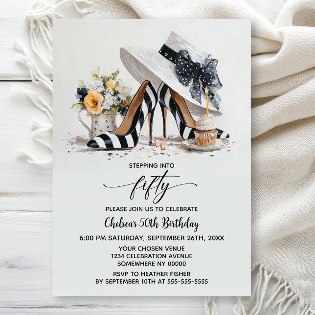 Invitación Black White Striped High Heel Shoes 50th Birthday (Subido por el creador)