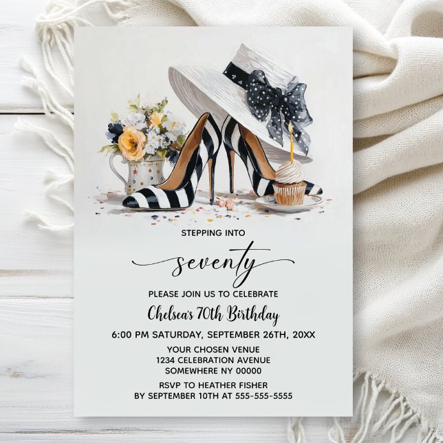 Invitación Black White Striped High Heel Shoes 70th Birthday (Subido por el creador)