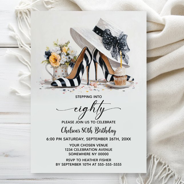 Invitación Black White Striped High Heel Shoes 80th Birthday (Subido por el creador)
