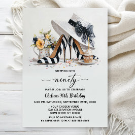 Invitación Black White Striped High Heel Shoes 90th Birthday