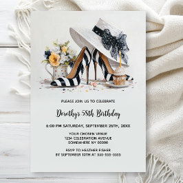 Invitación Black White Striped High Heel Shoes Birthday Party