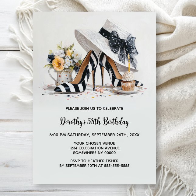 Invitación Black White Striped High Heel Shoes Birthday Party (Subido por el creador)