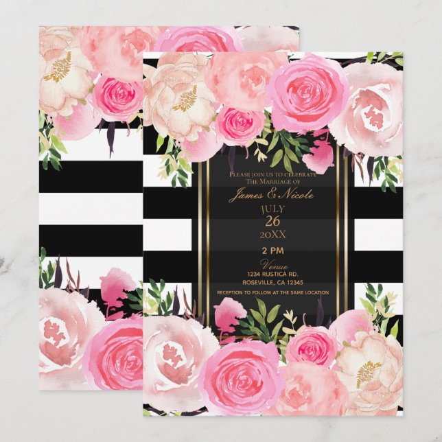 Invitación Black White Stripes Gold Boda Floral Rosa (Anverso / Reverso)