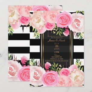 Invitación Black White Stripes Gold Boda Floral Rosa