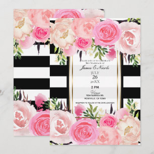 Invitación Black White Stripes Gold Boda Floral Rosa