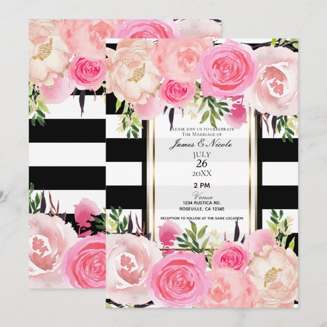 Invitación Black White Stripes Gold Boda Floral Rosa (Anverso / Reverso)