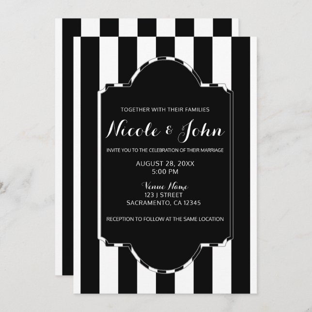 Invitación Black White Stripes Moda moderna Boda elegante (Anverso / Reverso)