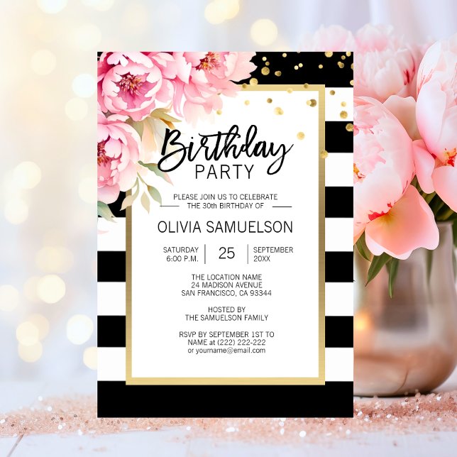 Invitación Black White Stripes Pink Peonies Fiesta de cumplea (Black White Watercolor Pink Floral Birthday Party Invitation)