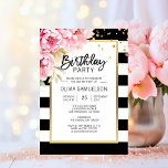 Invitación Black White Stripes Pink Peonies Fiesta de cumplea<br><div class="desc">Plantillas modernas y modernas que se pueden editar invitan a la fiesta de cumpleaños para chicas/mujeres con rayas blancas y negras. Marco de oro falso con peonías rosadas acuarelas / flor de peonía en la esquina. Todo el texto se puede editar y cambiar; tipo de letra, color y tamaño. Comuníquese...</div>