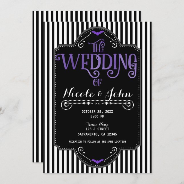 Invitación Black White Stripes Purple Gothic Bat Wedding (Anverso / Reverso)