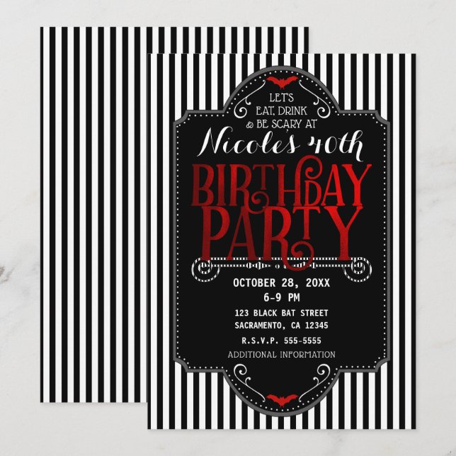 Invitación Black White Stripes Red Gothic Bat Birthday Party (Anverso / Reverso)