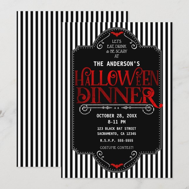 Invitación Black White Stripes Red Gótica Cena Halloween (Anverso / Reverso)