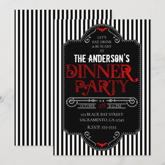 Invitación Black White Stripes Red Gótica Fiesta de la cena (Anverso / Reverso)