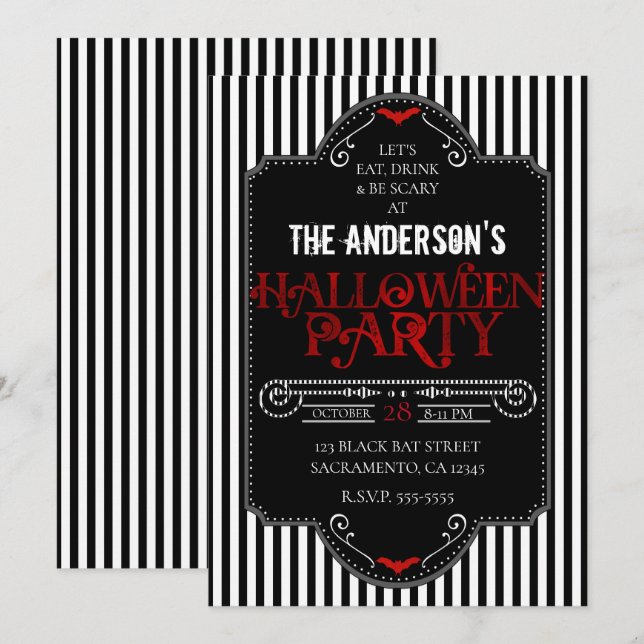 Invitación Black White Stripes Red Gótica Halloween Party (Anverso / Reverso)