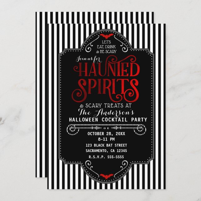 Invitación Black White Stripes Red Haunted Spiriktail Cocktai (Anverso / Reverso)