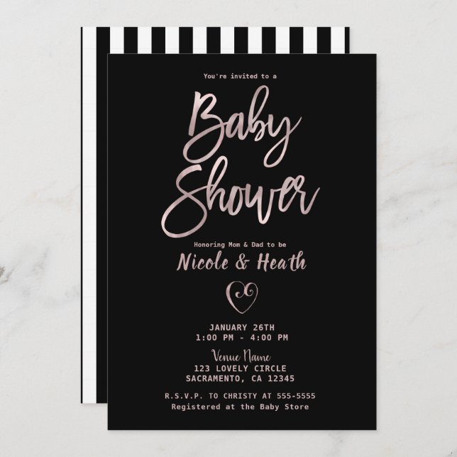 Invitación Black White Stripes Rosa Gold Pink Baby Shower (Anverso / Reverso)