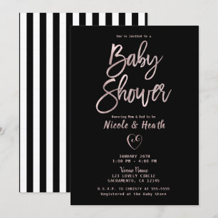 Invitación Black White Stripes Rosa Gold Pink Baby Shower  