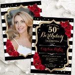 Invitación Black White Stripes Roses Roses Roses Foto 50 cump<br><div class="desc">Elegante invitación de 50 años floral femenina con tu foto al fondo de la tarjeta. Diseño rojo blanco y negro de cristal con oro falso purpurina. Presenta rayas negras y blancas, rosas rojas, fuente de escritura y confeti. Perfecto para un elegante fiesta de celebración de cumpleaños. Personaliza con tus propios...</div>