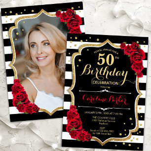 Invitación Black White Stripes Roses Roses Roses Foto 50 cump