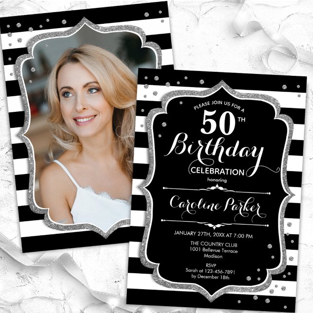 Invitación Black White Stripes Silver Foto 50 cumpleaños (Subido por el creador)