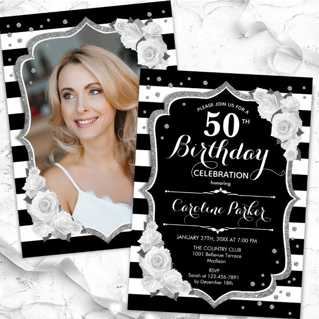 Invitación Black White Stripes Silver Foto 50 cumpleaños (Subido por el creador)