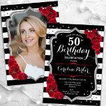Invitación Black White Stripes Silver Red Photo 50 cumpleaños<br><div class="desc">Elegante invitación de 50 años floral femenina con tu foto al fondo de la tarjeta. Diseño rojo blanco y negro de cristal con plata falsa purpurina. Presenta rayas negras y blancas, rosas rojas, fuente de escritura y confeti. Perfecto para un elegante fiesta de celebración de cumpleaños. Personaliza con tus propios...</div>