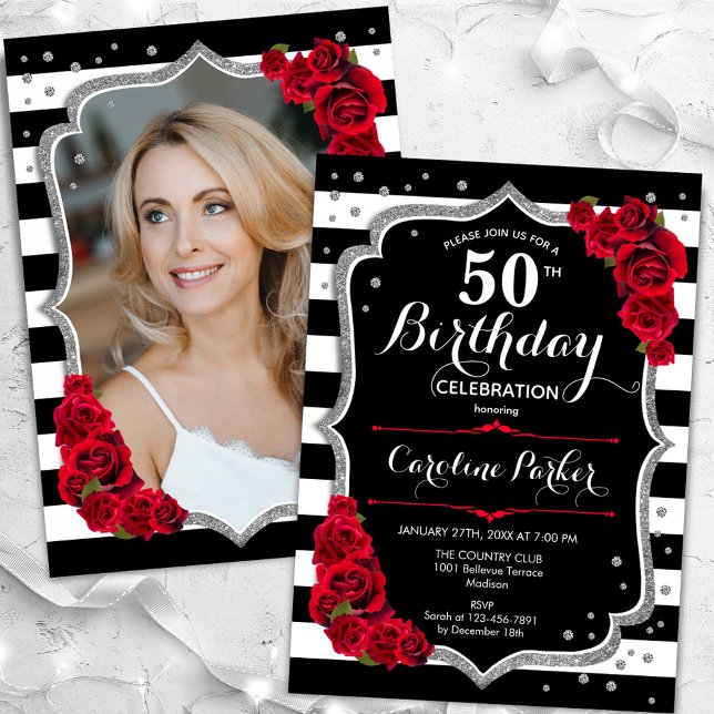 Invitación Black White Stripes Silver Red Photo 50 cumpleaños (Subido por el creador)