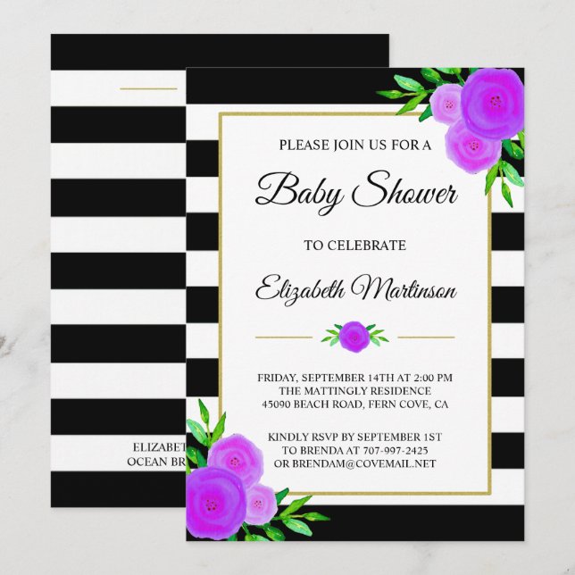 Invitación Black White Stripes Watercolor Floral Baby Shower (Anverso / Reverso)