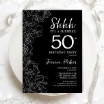 Invitación Black White Surprise 50° cumpleaños<br><div class="desc">Invitación de cumpleaños número 50 de Black White Surprise. El diseño femenino moderno minimalista presenta acentos botánicos y tipografía. Sencilla tarjeta de invitación floral perfecta para una elegante celebración de cumpleaños sorpresa femenina. Invitaciones Zazzle impresas o una plantilla imprimible digital de descarga instantánea.</div>