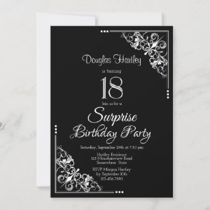 Invitación Black White Surprise Fiesta del 18º Cumpleaños